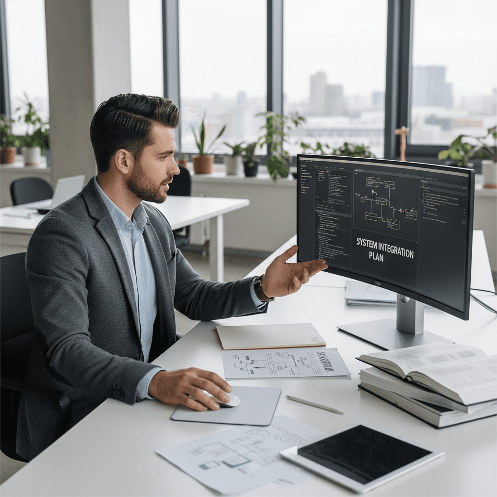 IT consultant reviewing technical solutions at desk