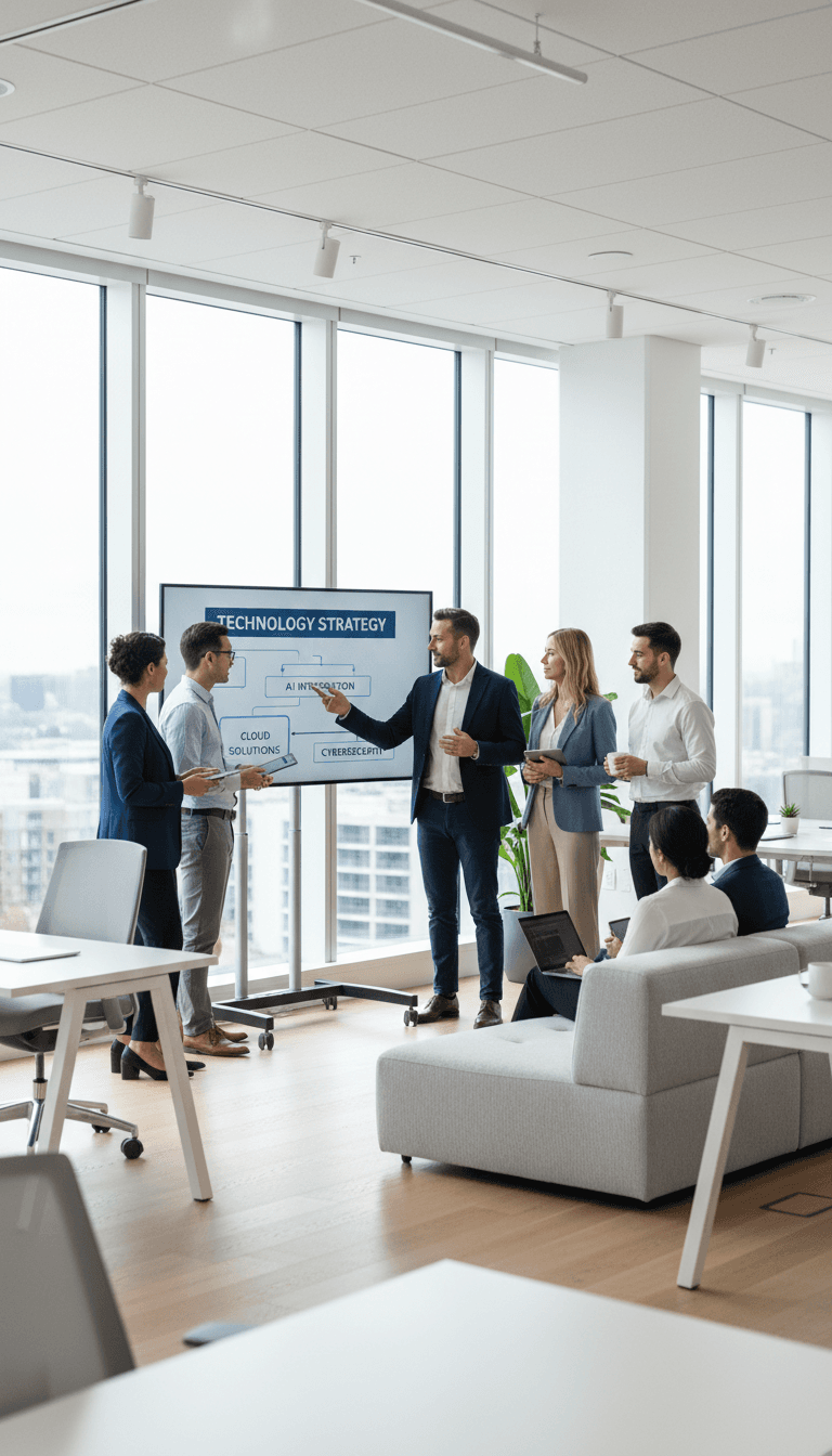 Team discussing IT consulting strategy in office